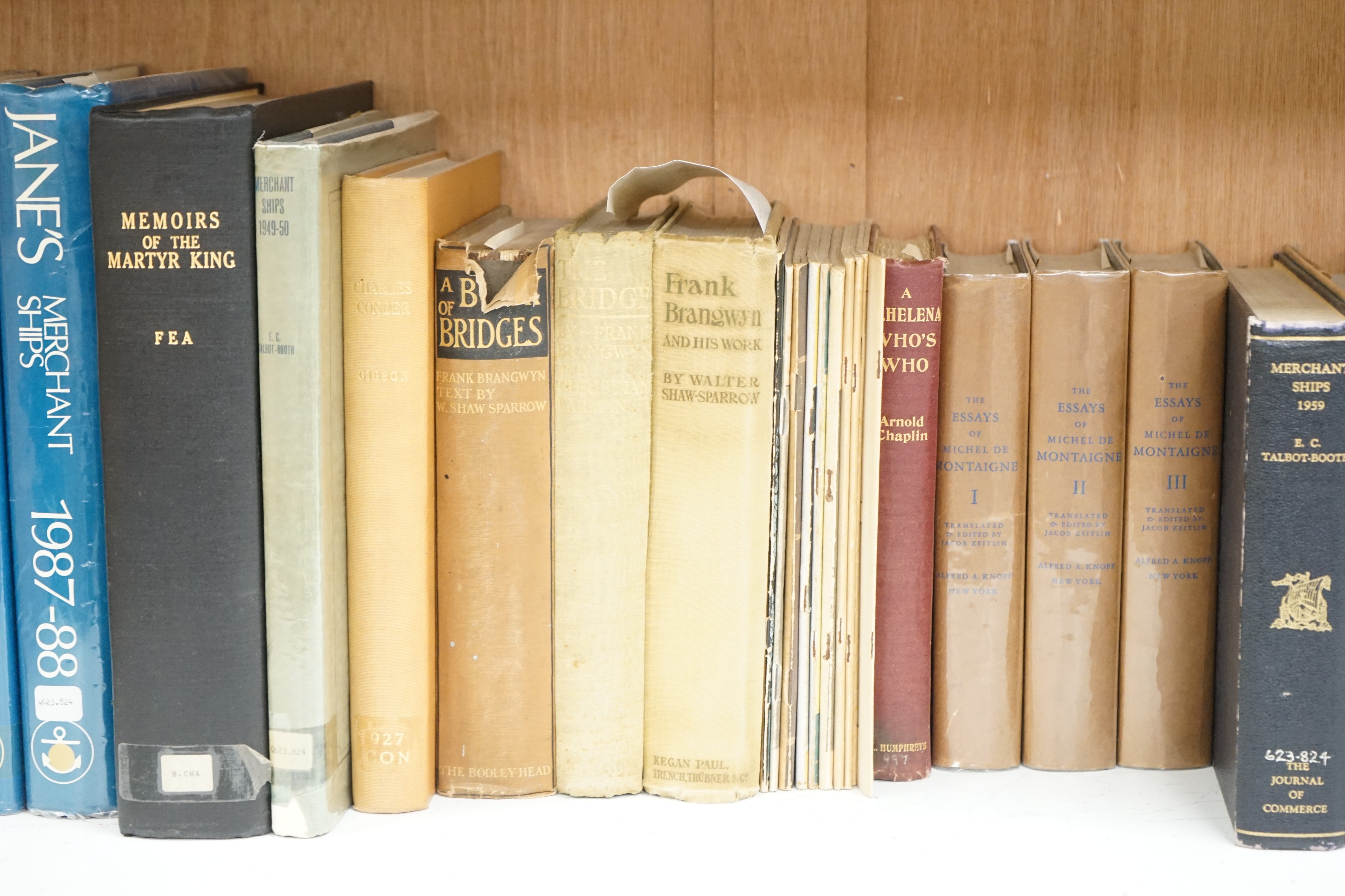 A quantity of books to include Frank Brangwyn, bibles, Janes merchant ships etc.